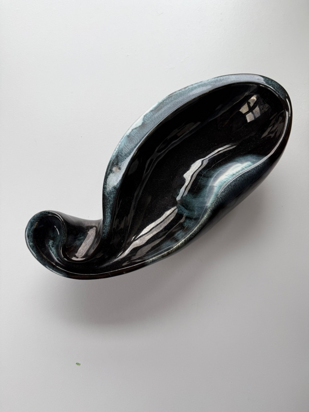 Sculptural Ceramic Bowl Black  & Teal Reactive Glaze Organic Modern Centerpiece